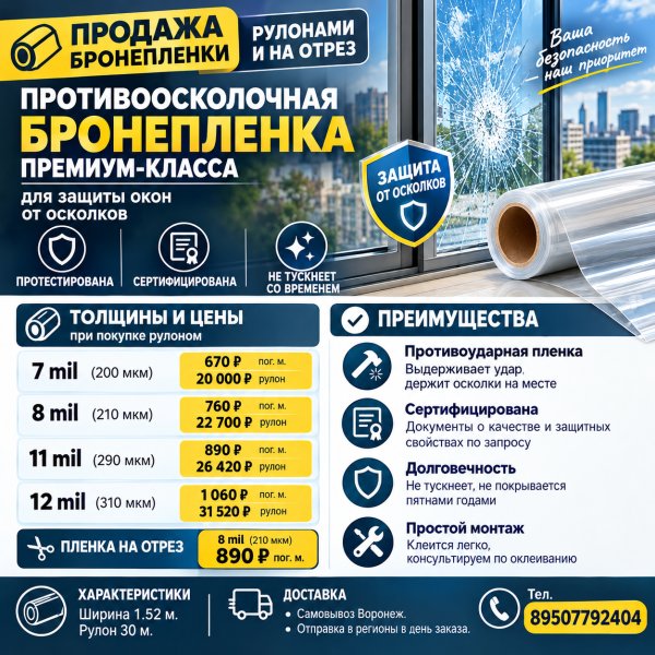 Защитная бронеплёнка на окна — премиум класс, 200–310 мкм, Воронеж, Прочие товары, объявление